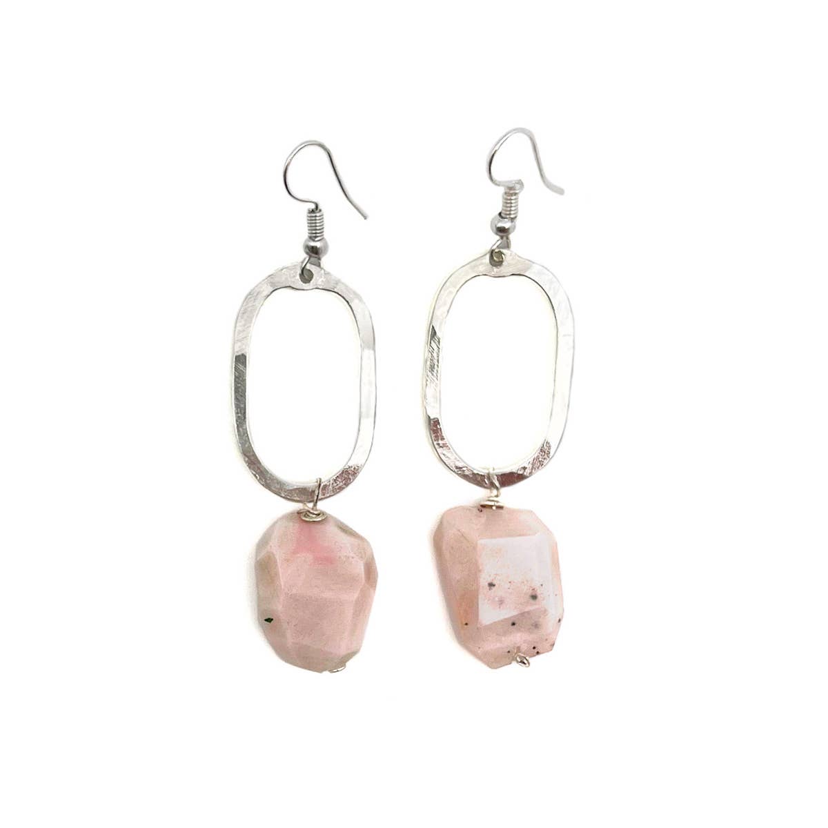 Silver Geometric Earrings with Pink Opal