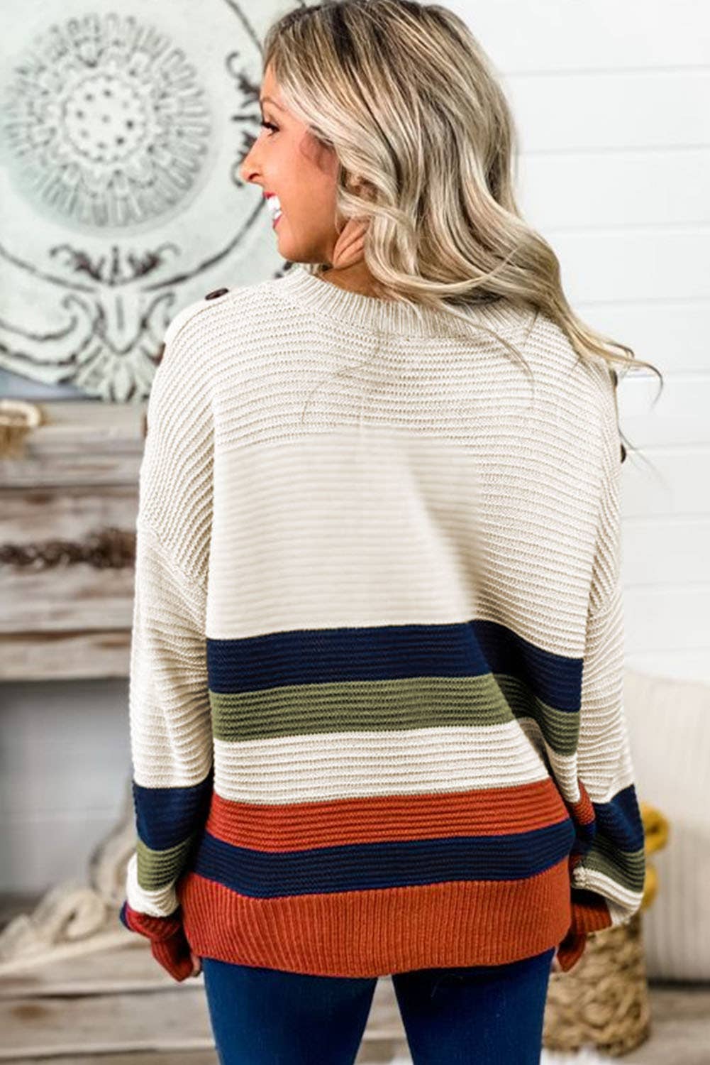 Drop Shoulder Striped Sweater w/ Button Detail