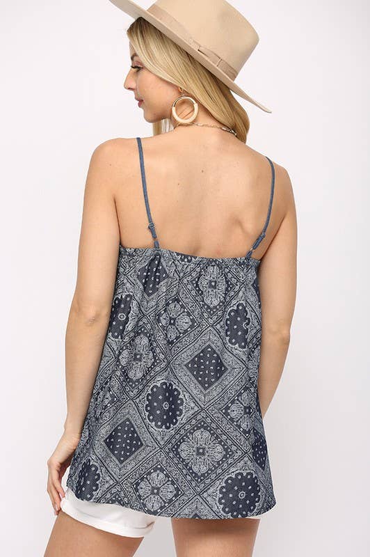 Print Chambray And Covered Button Tank