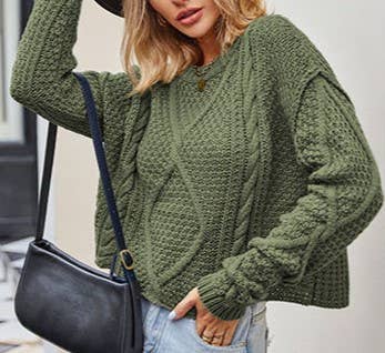 Twisted Button-Knit Loose Crewneck Pullover Sweater