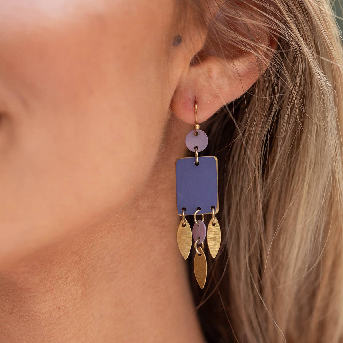 Brass Patina Square Purple Tassle Earrings