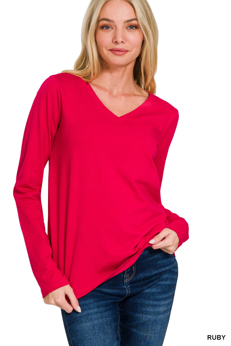 Cotton V-Neck Long Sleeve Tee