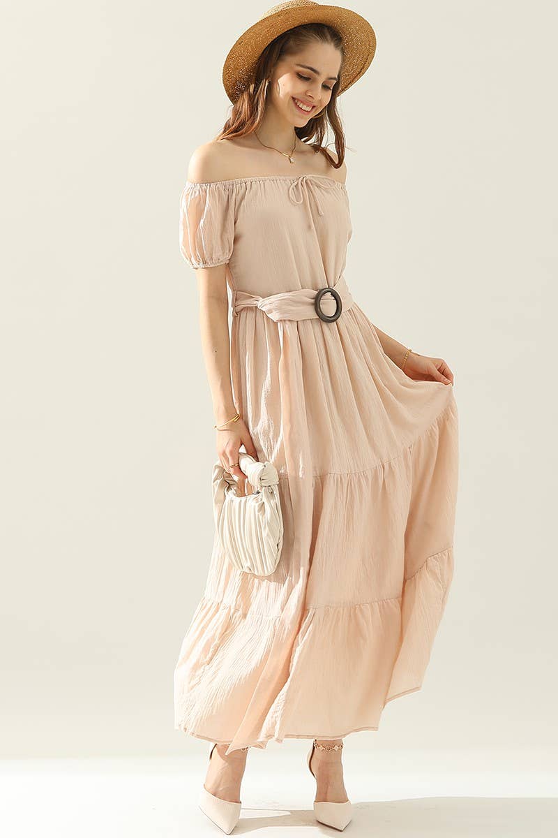 Belted Off Shoulder Tiered Boho Maxi Dress