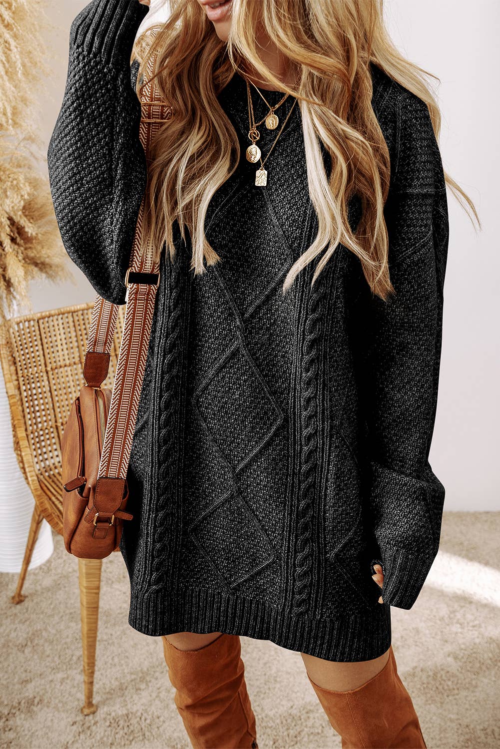 Cable Knit Loose Fit Sweater Dress