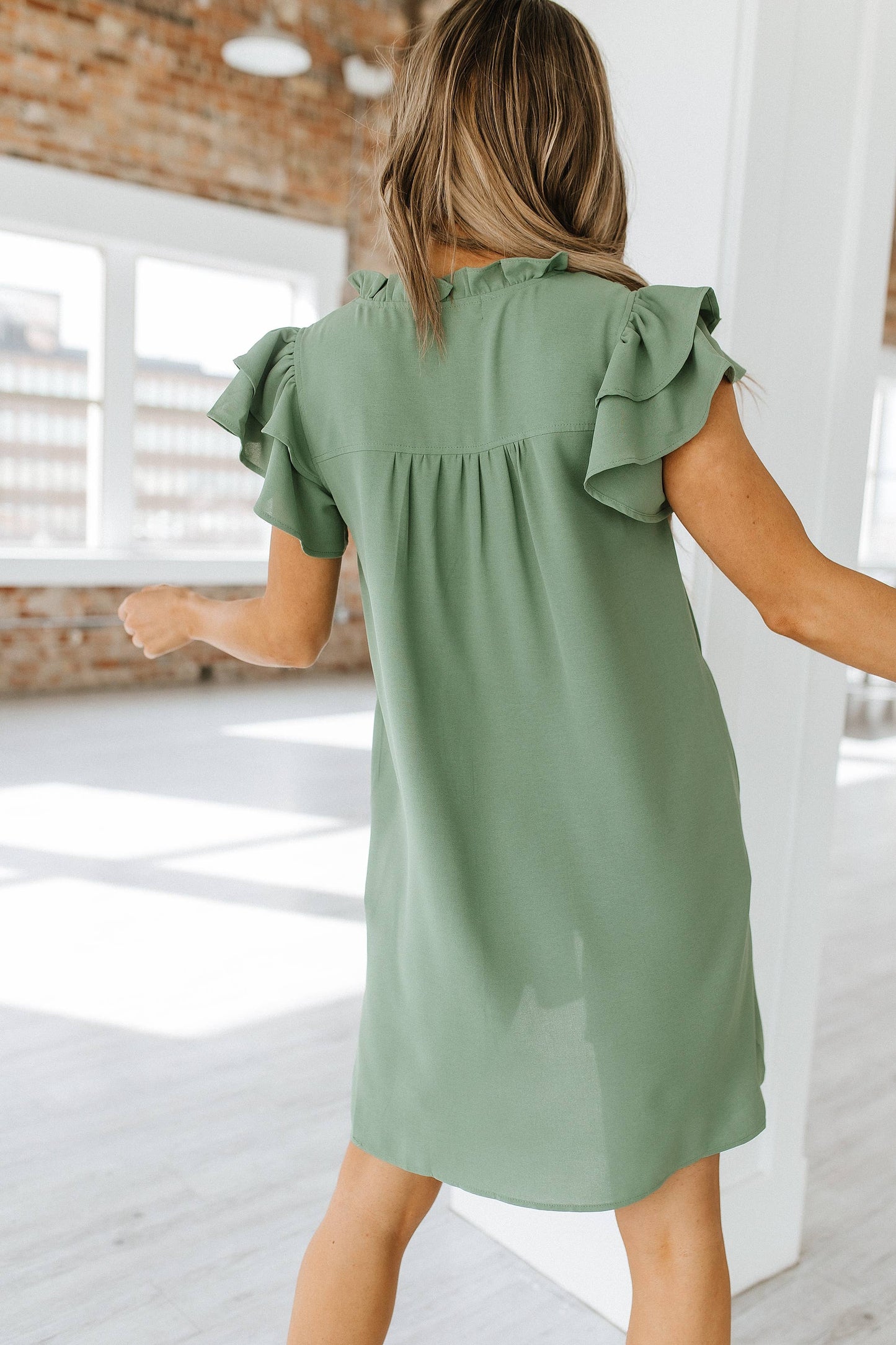 V-Neck Ruffled Sleeve Mini Dress