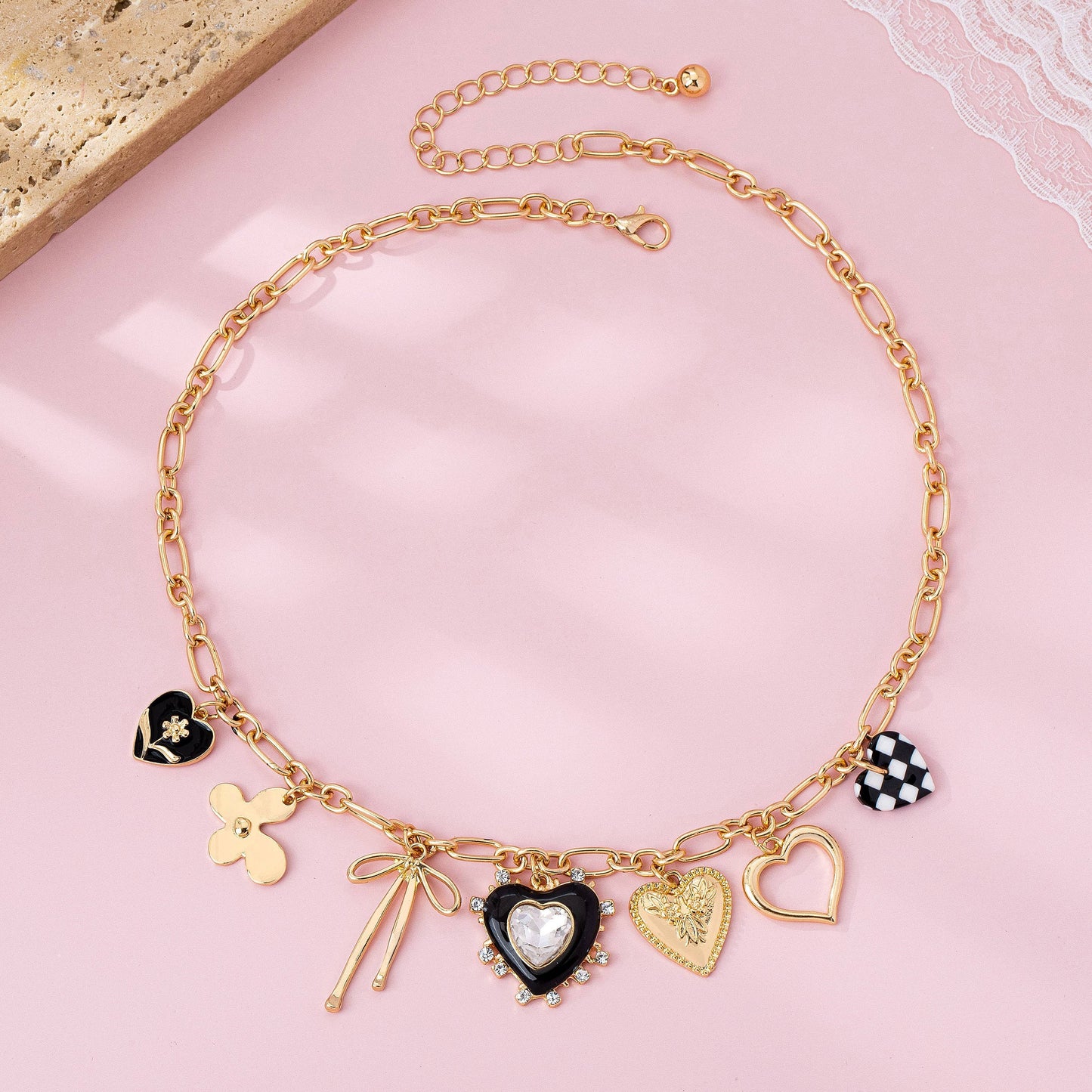 Playful Bow & Heart Charm Necklace