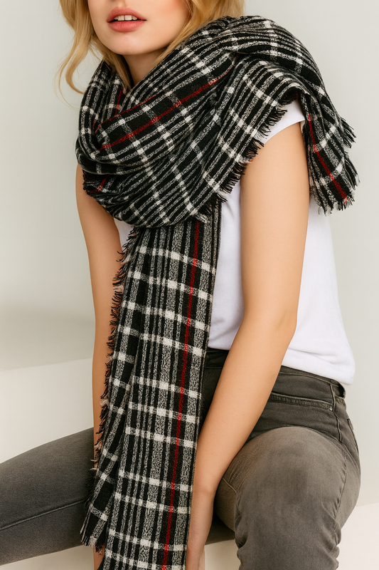 Black Plaid Oversized Wrap Scarf with Fringe