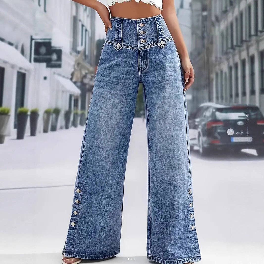 Vintage Wash Side Slit Wide Leg Jeans