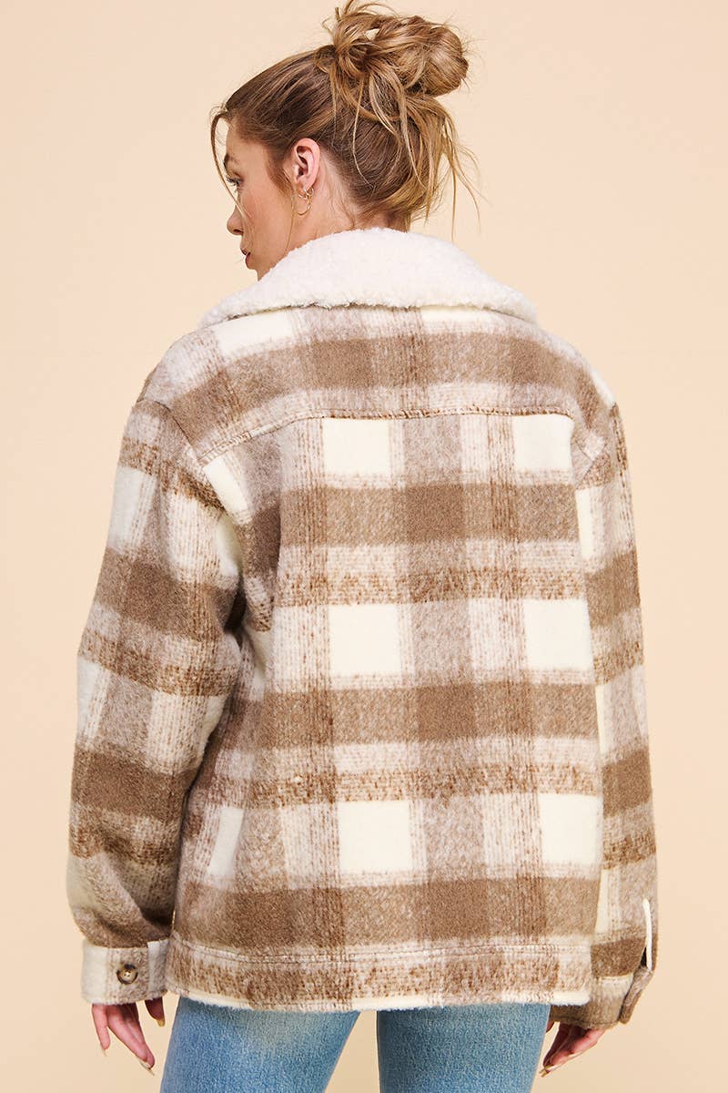 Plaid Shirt Jacket with Teddy Collar
