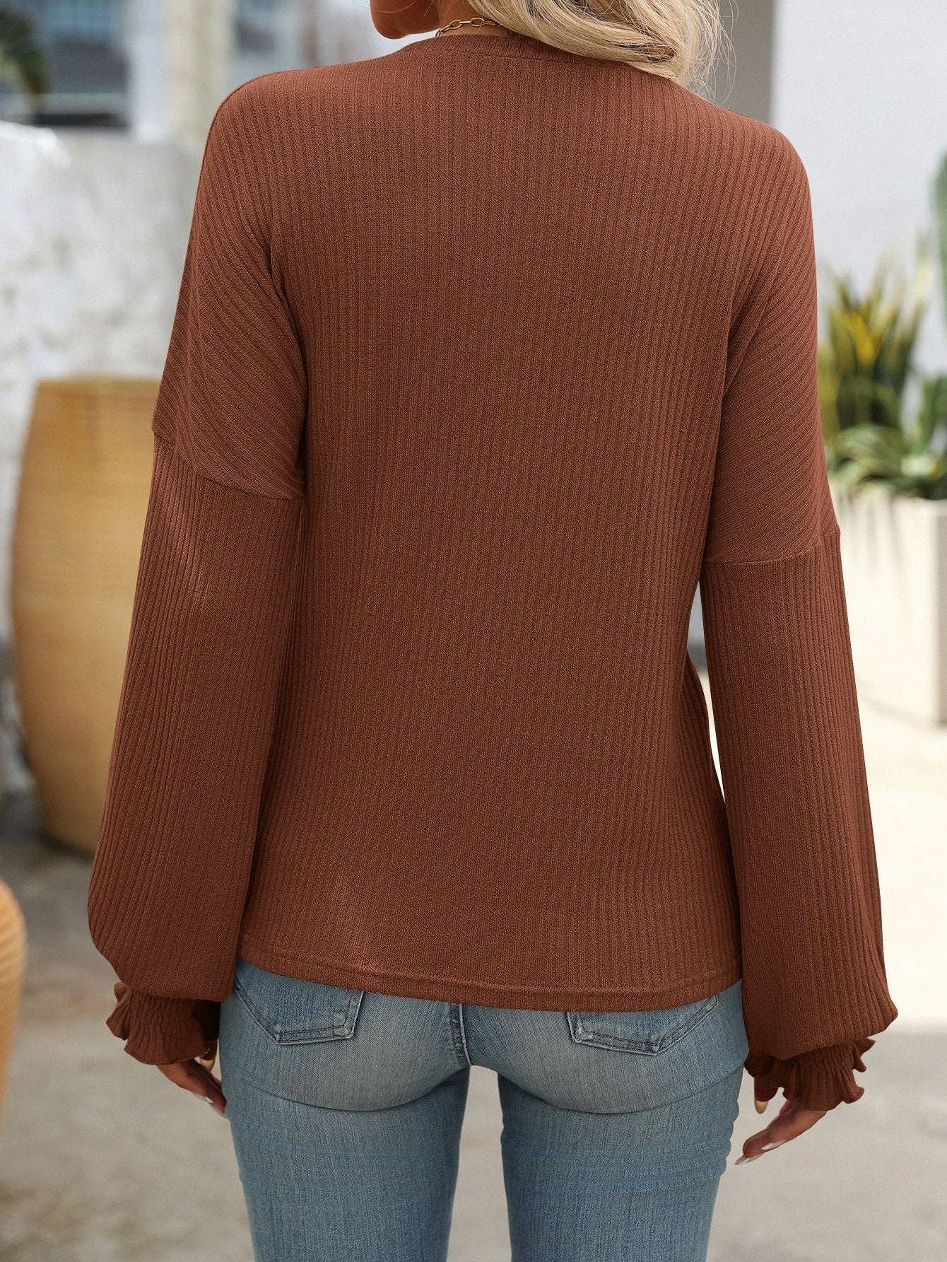 Ribbed Crewneck Top with Smocked Cuffs