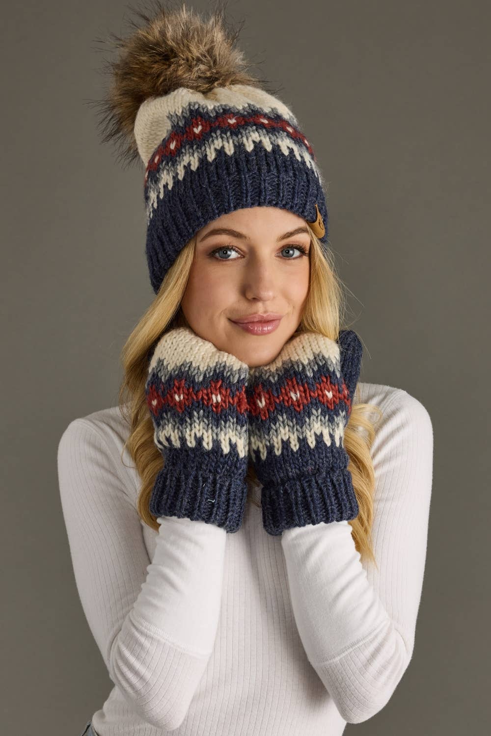 Cream, Blue, Red & Gray Mittens