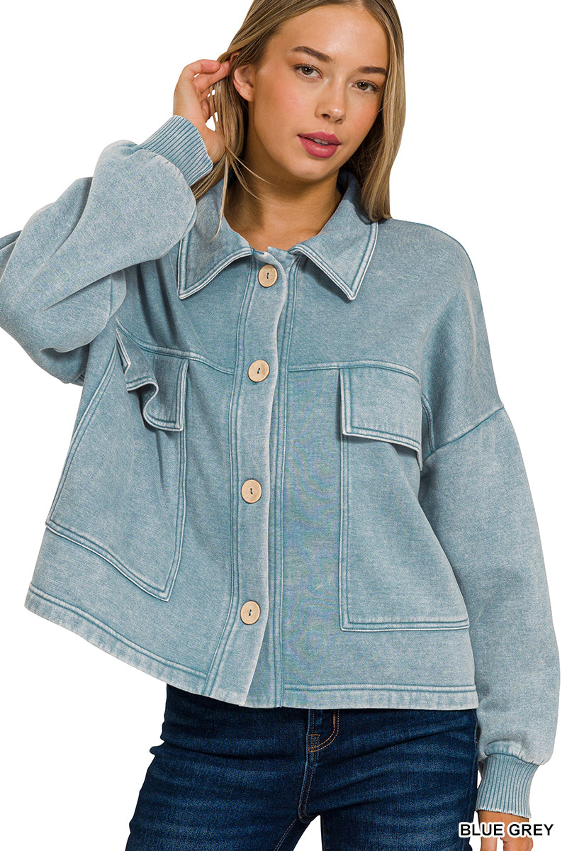 Acid Washed Fleece Crop Jacket w/ Pockets