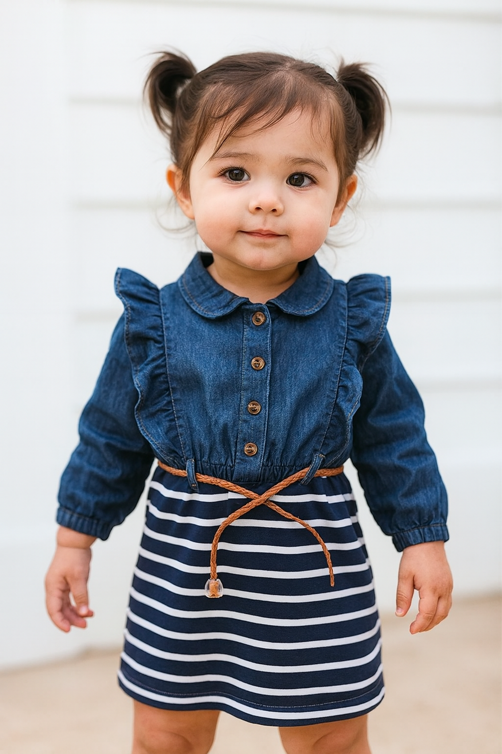 Girls Blue Ruffle Denim Striped Mini Tunic Dress with Belt