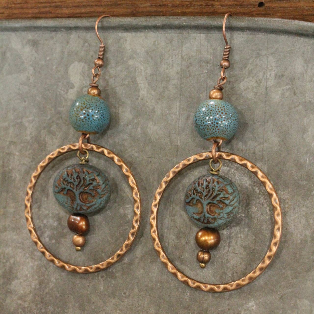 Vintage Czech Glass Tree Copper Dangle Earrings