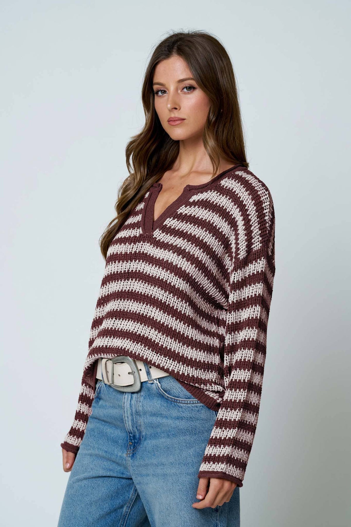 Striped Split Neck Sweater