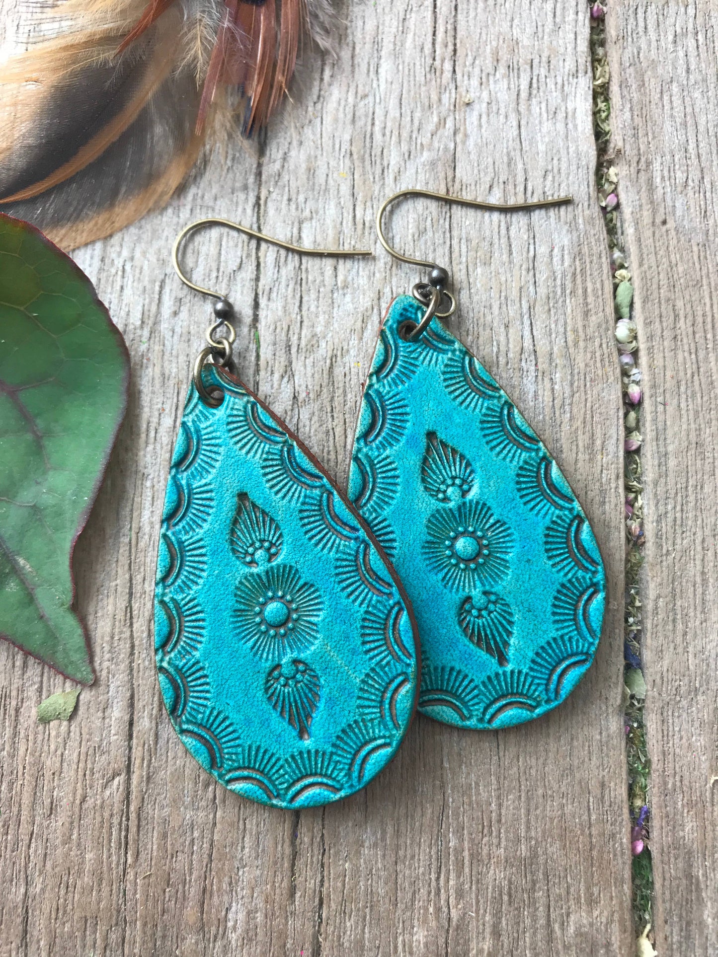 Hand Tooled Western Floral Leather Earrings
