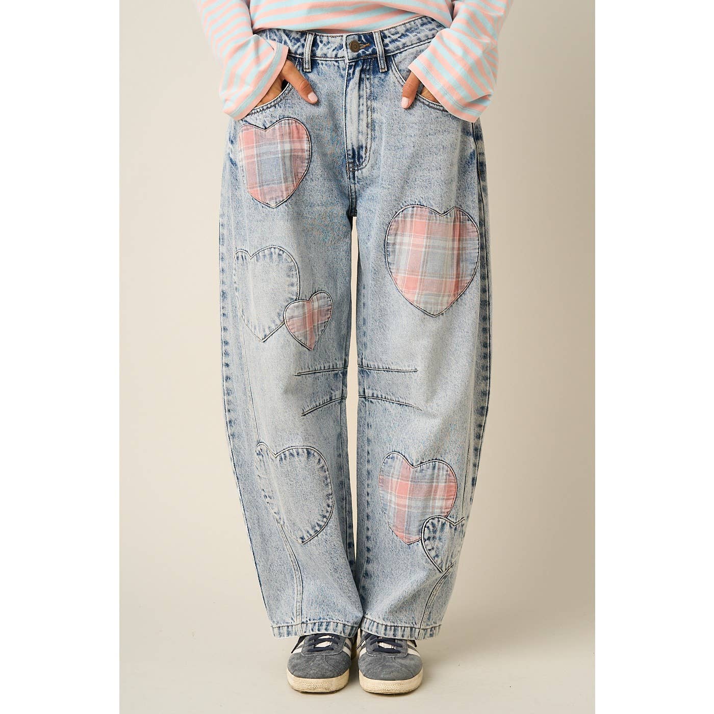 Plaid Heart Patch Barrell Jeans