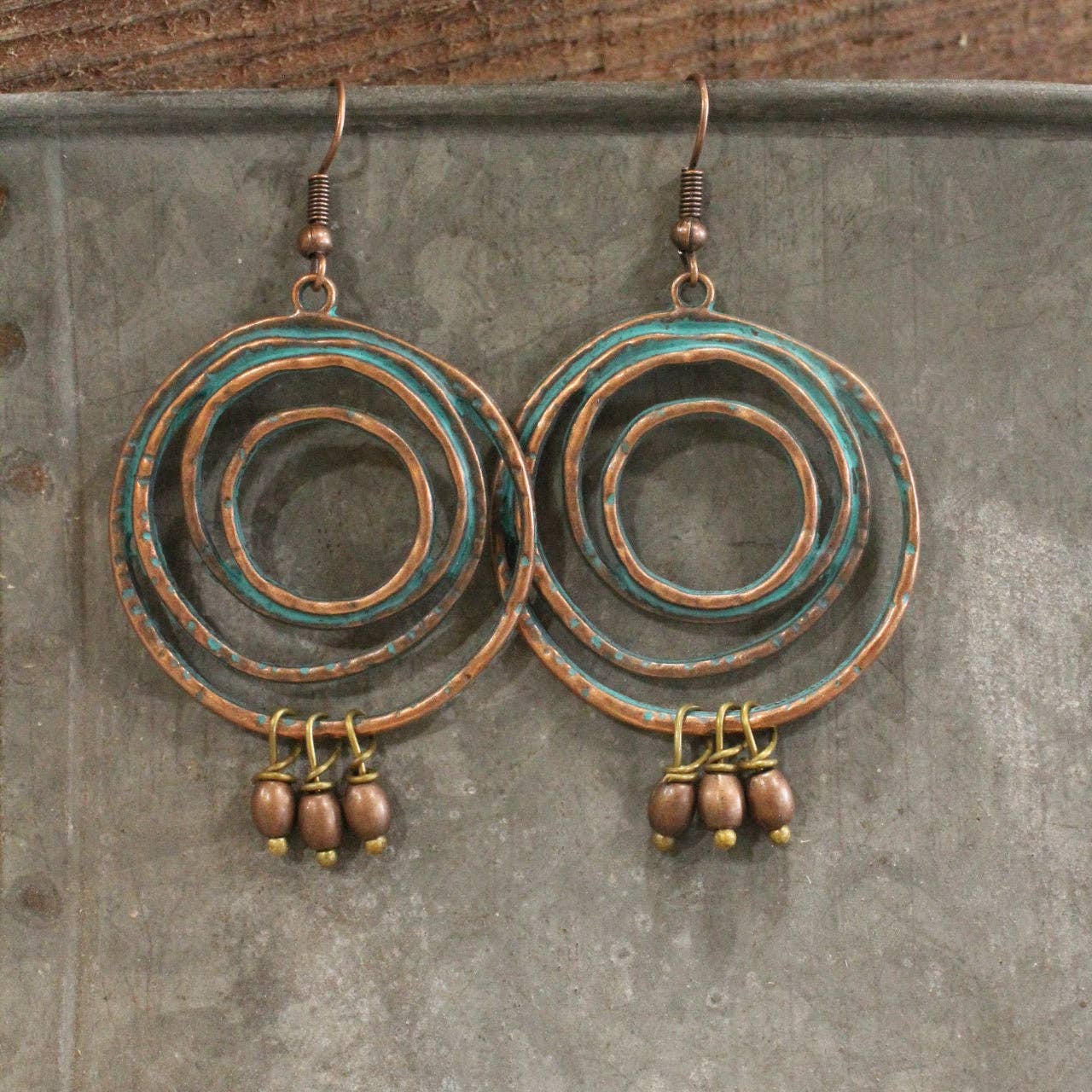 Abstract Hoop Copper Verdigris Dangle Drop Earrings