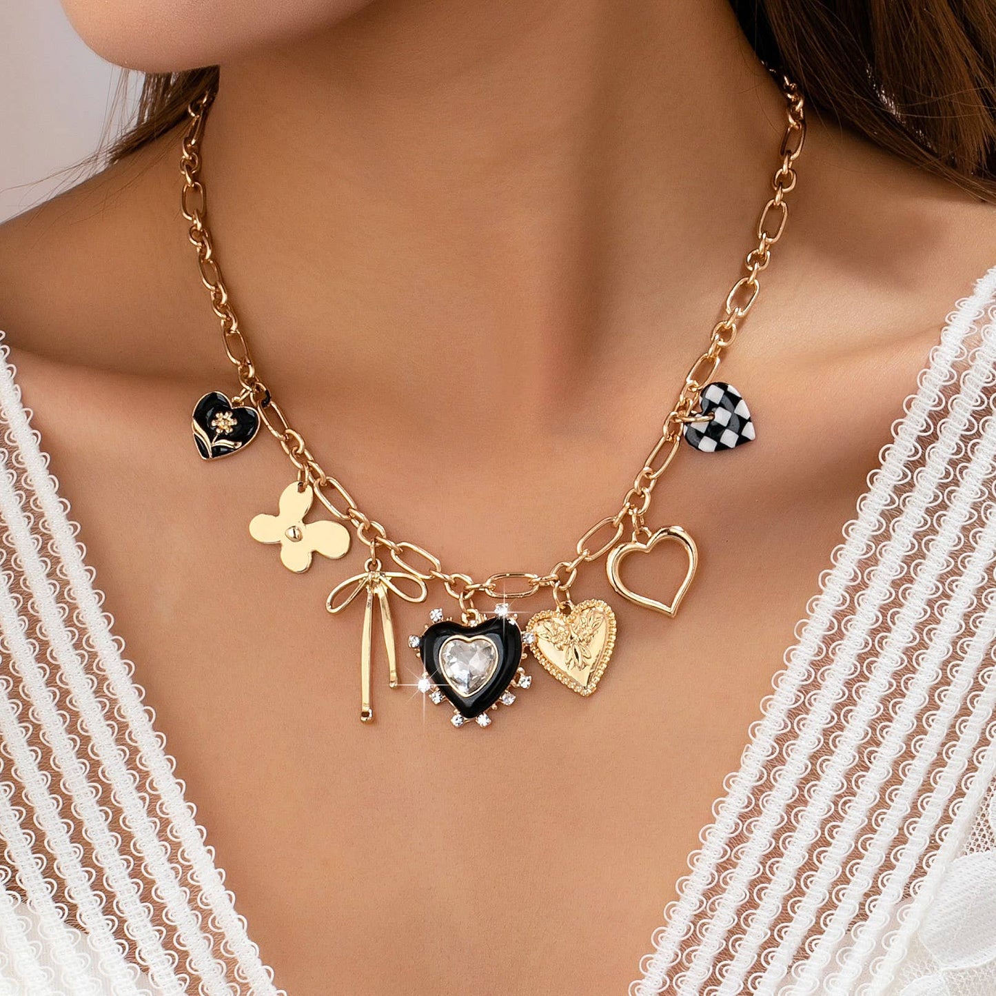Playful Bow & Heart Charm Necklace