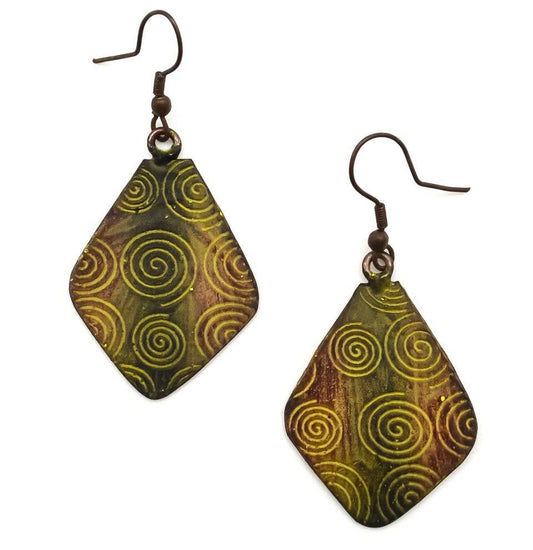 Yellow Spirals Copper Patina Earrings