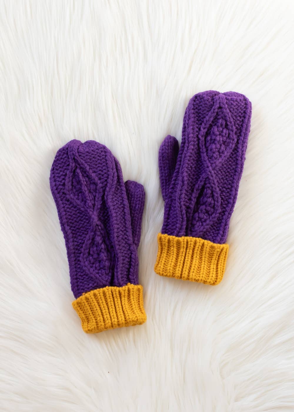 Purple & Gold Trim Cable Knit Mittens