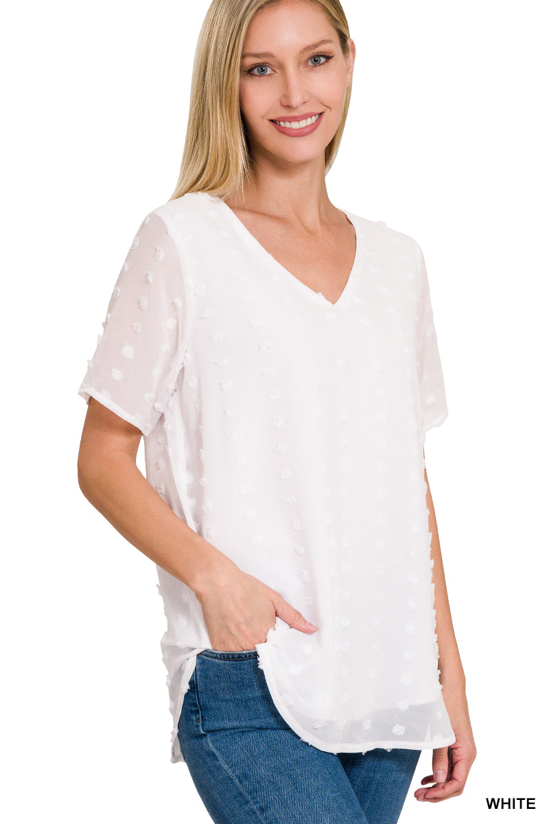 Swiss Dot Short Sleeve V-neck Round Hem Top