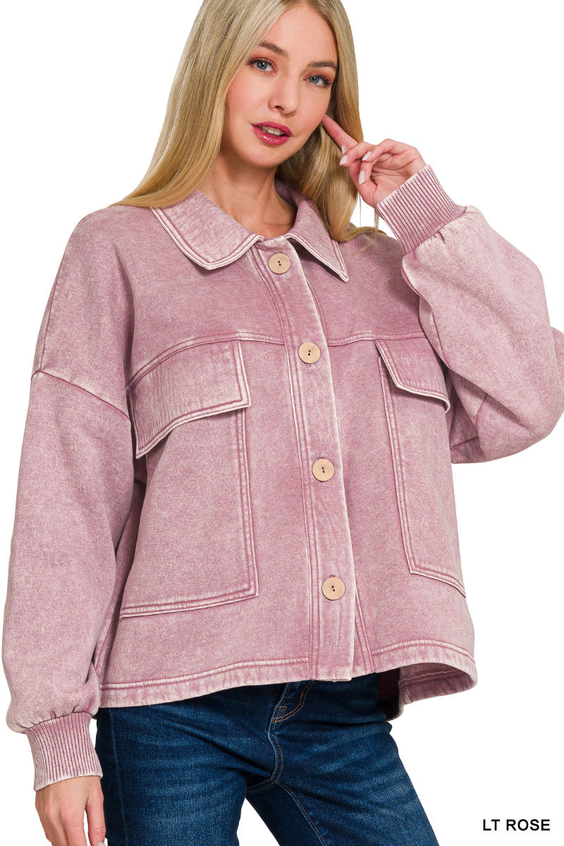 Acid Washed Fleece Crop Jacket w/ Pockets