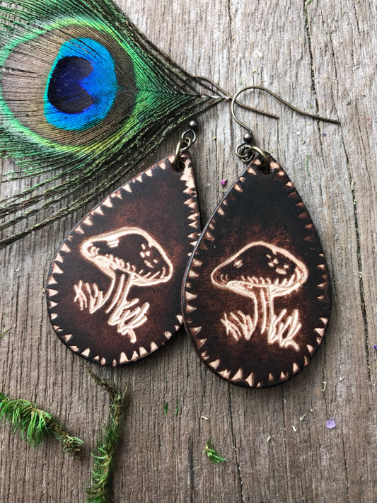 Boho Hippie Vintage Style Mushroom Leather Teardrop Earrings