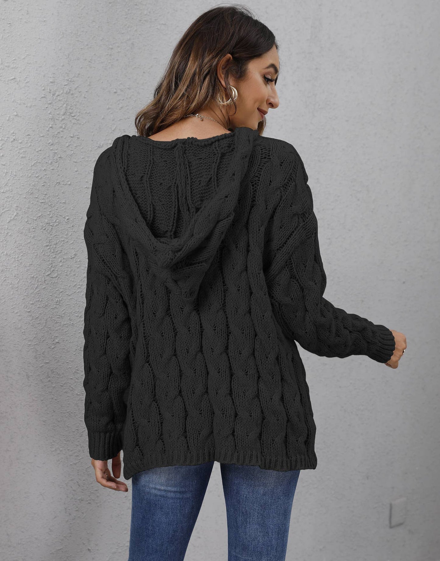 Twist Knit V-neck Hooded Sweater