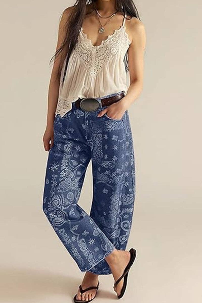 Paisley Print Barrel Jeans