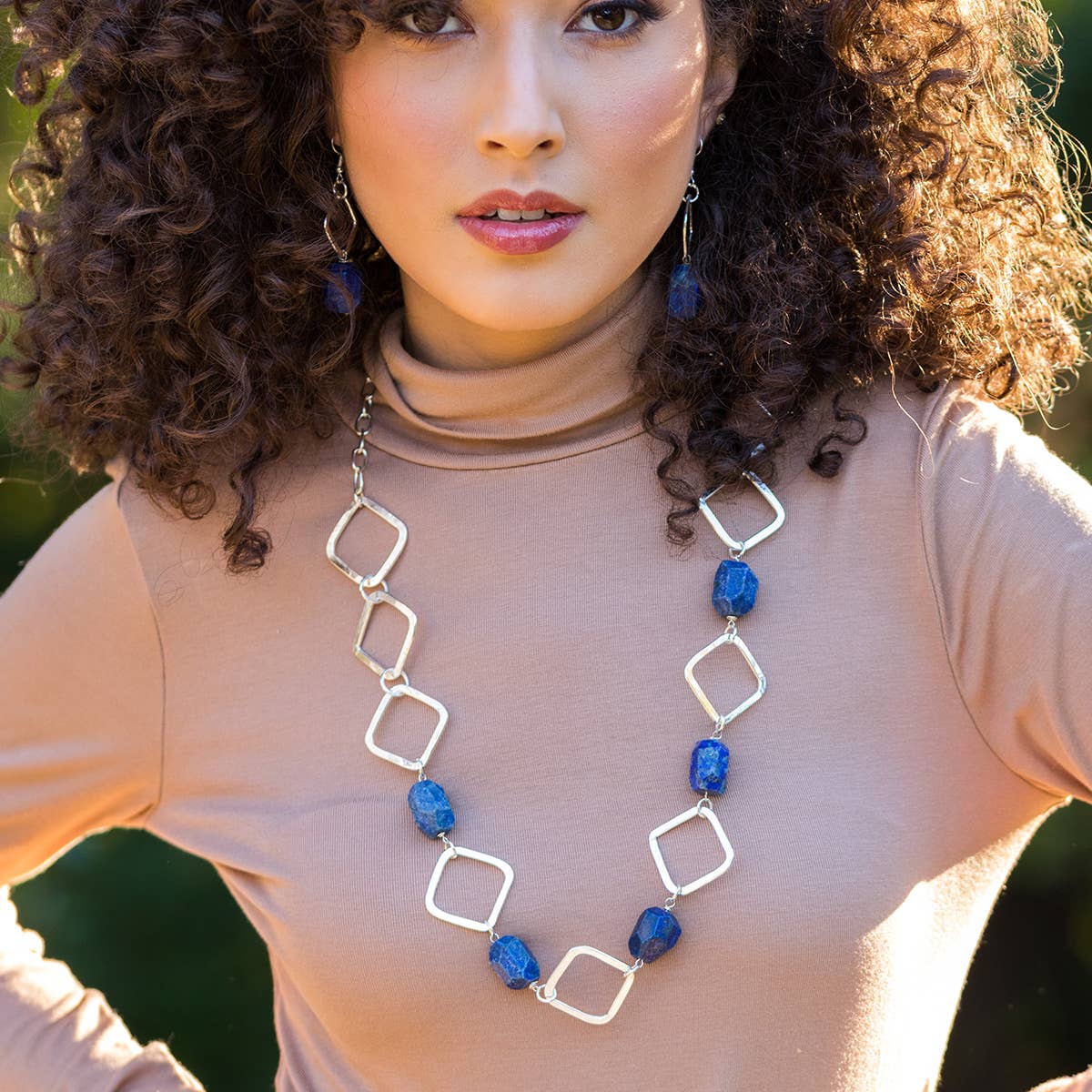 Long Silver Necklace With Lapis Stones