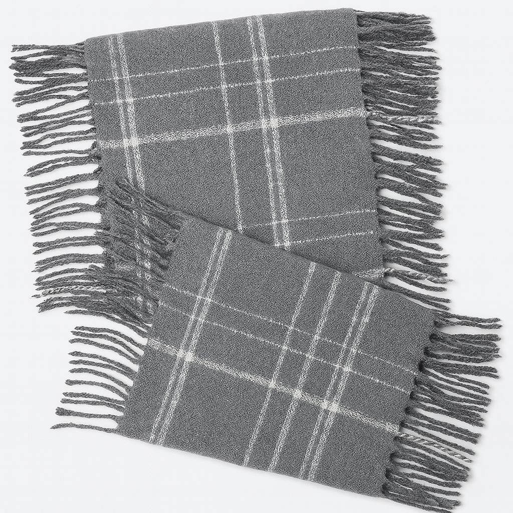 Grey and White Plaid Fringed Infinity Scarf