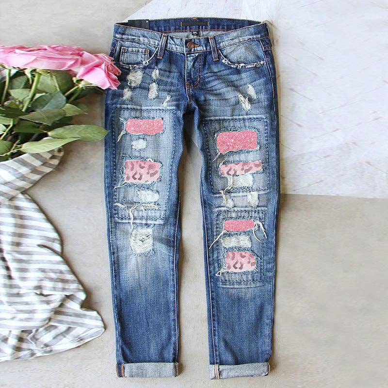 Pink Leopard Distressed Denim Casual Jeans
