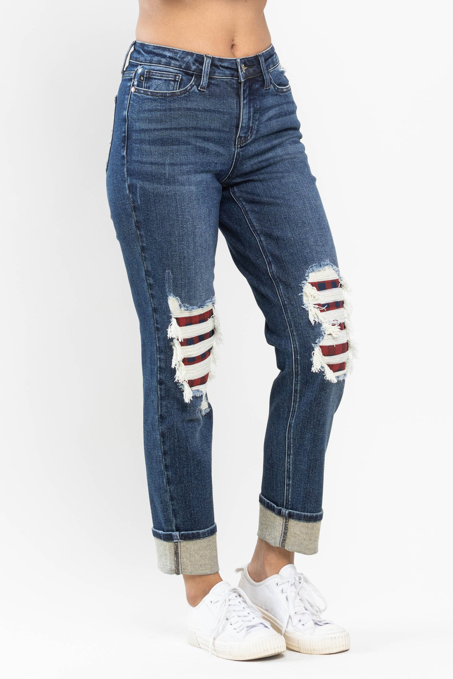 Judy Blue Mid Rise Buffalo Plaid Distressed Boyfriend Jeans