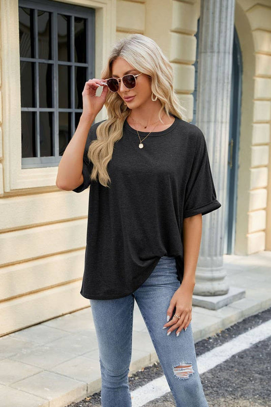 Solid Round Neck Short Sleeve Top