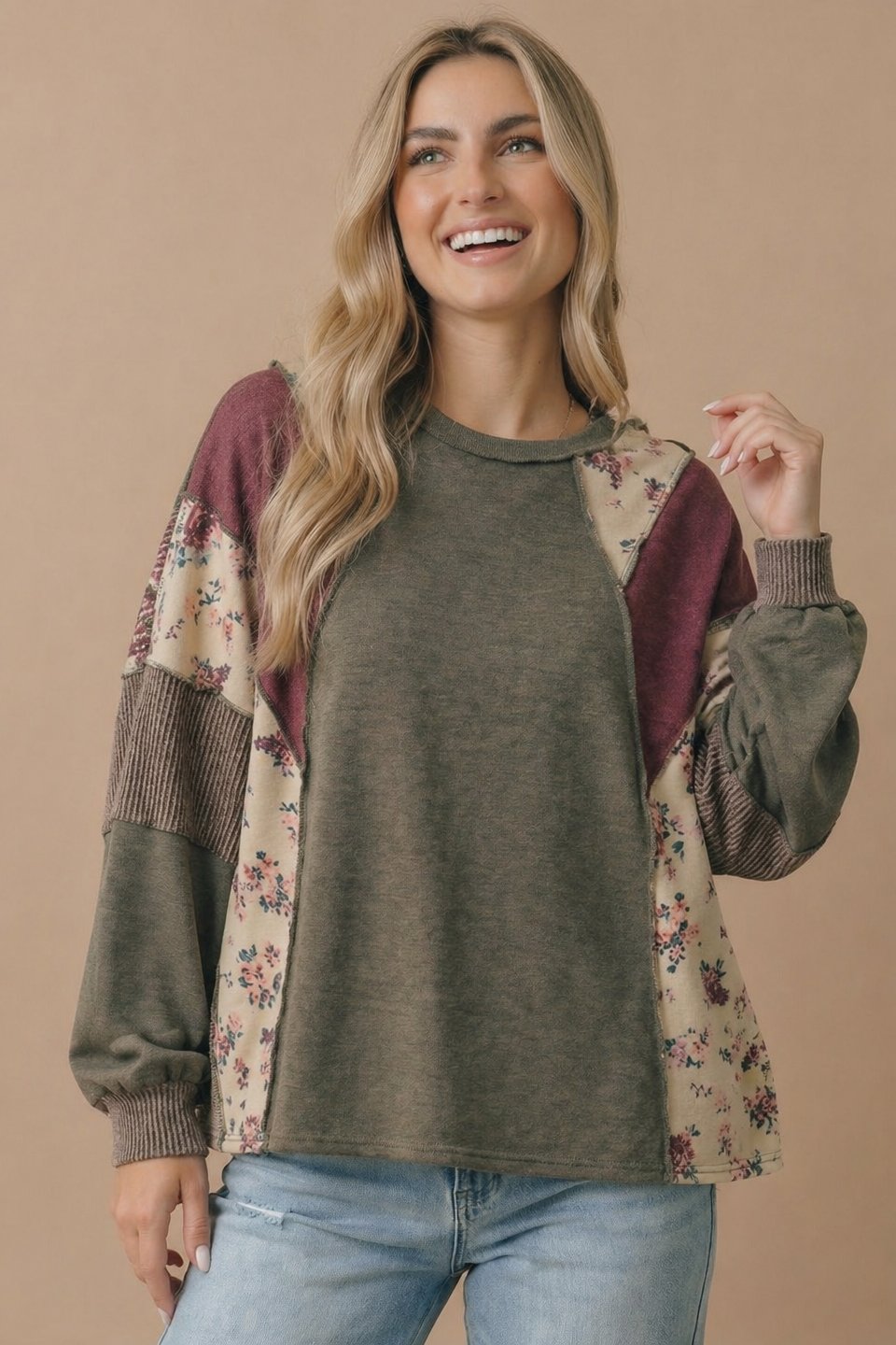 Plus Mixed Media Patchwork Pullover Knit Top