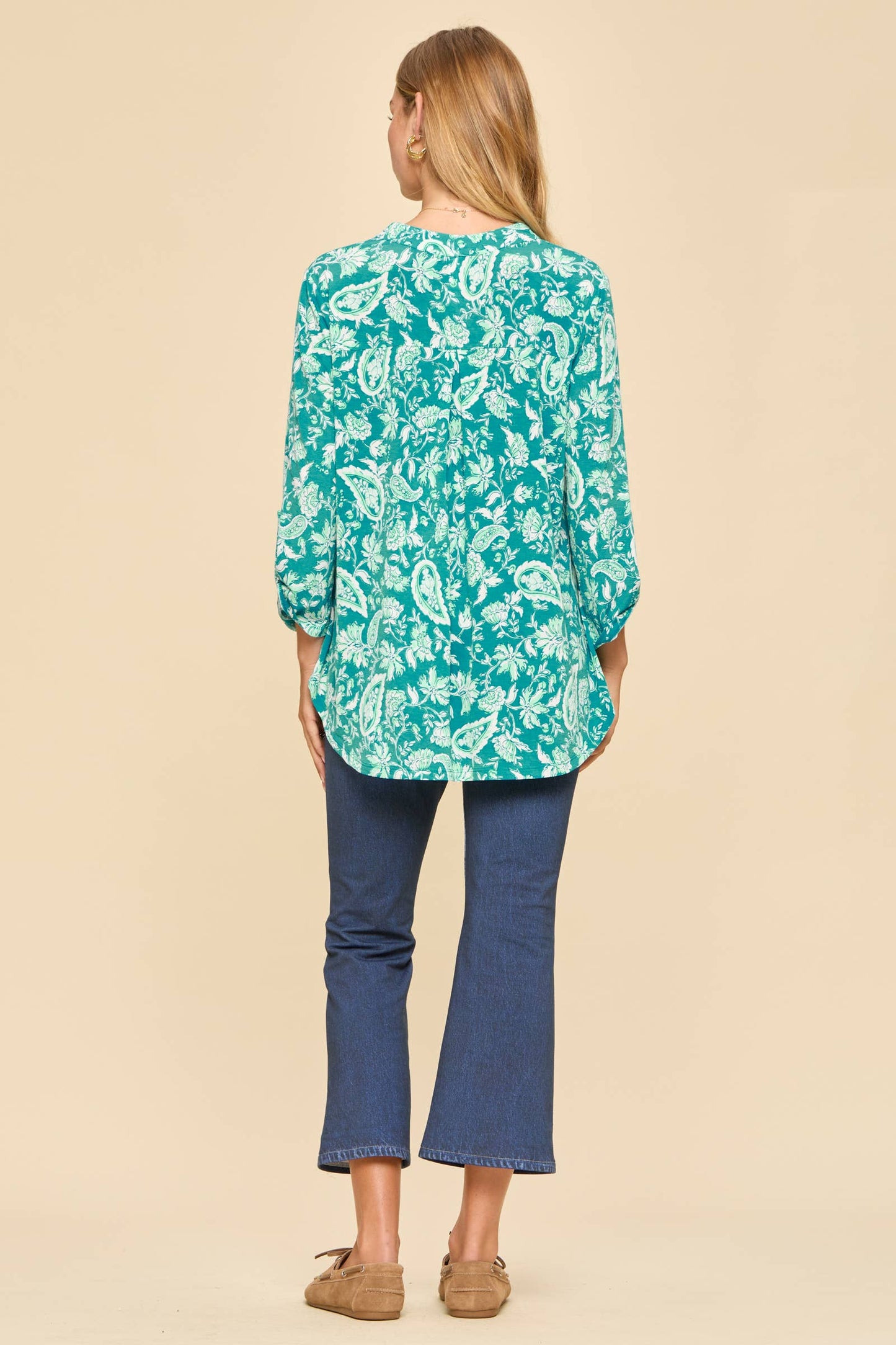 Paisley Print Mandarin Collar 3/4 Sleeve Blouse