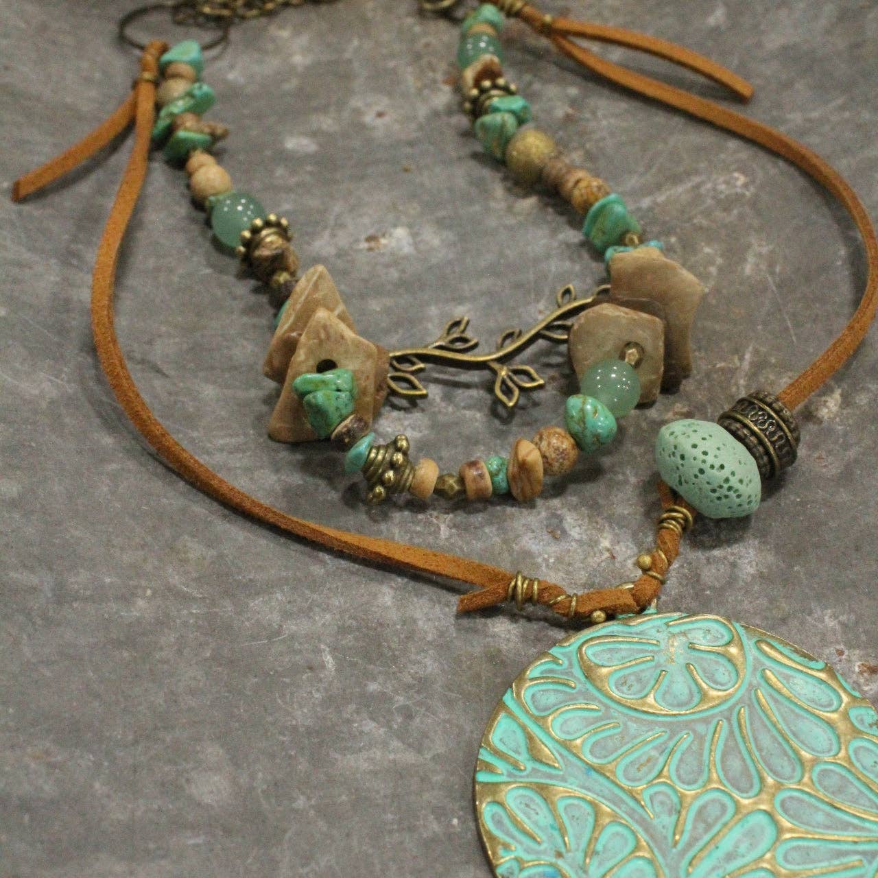 Bronze & Patina Leaf Branch Pattern Layered Necklace Set