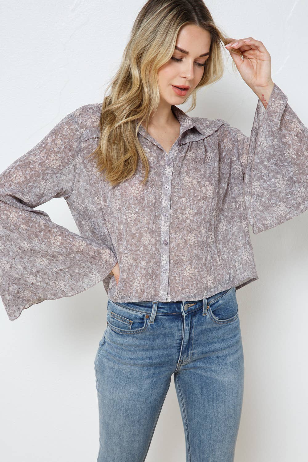 Chiffon Clip Dot Jacquard Button Bell Sleeve Blouse