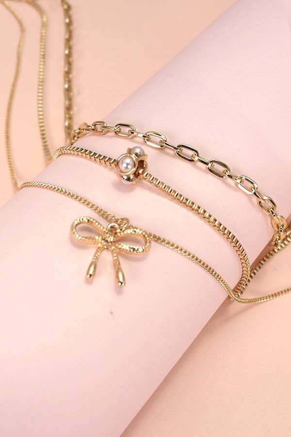 Gold Pearl & Bow Layered Necklace