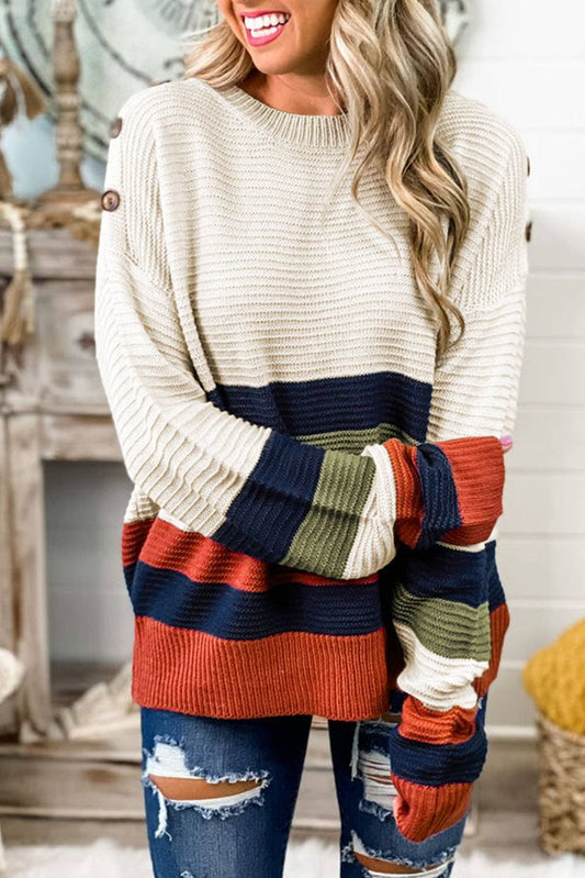 Drop Shoulder Striped Sweater w/ Button Detail