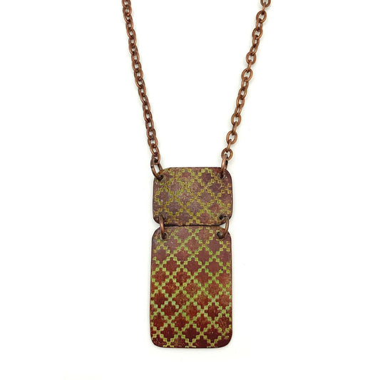 Copper Patina Necklace - Chartreuse Tile Pattern