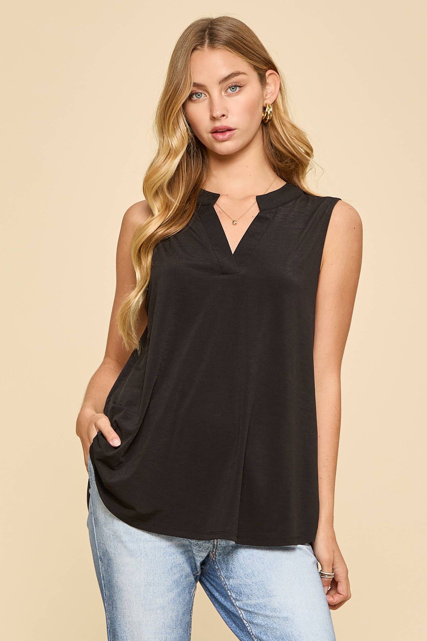 Solid Lizzy Mandarin Collar Sleeveless Top