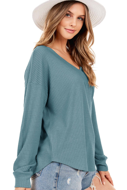 Long Sleeve Waffle V-Neck