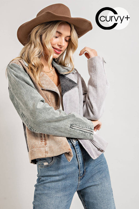 Garment Washed Corduroy Block Moto Jacket