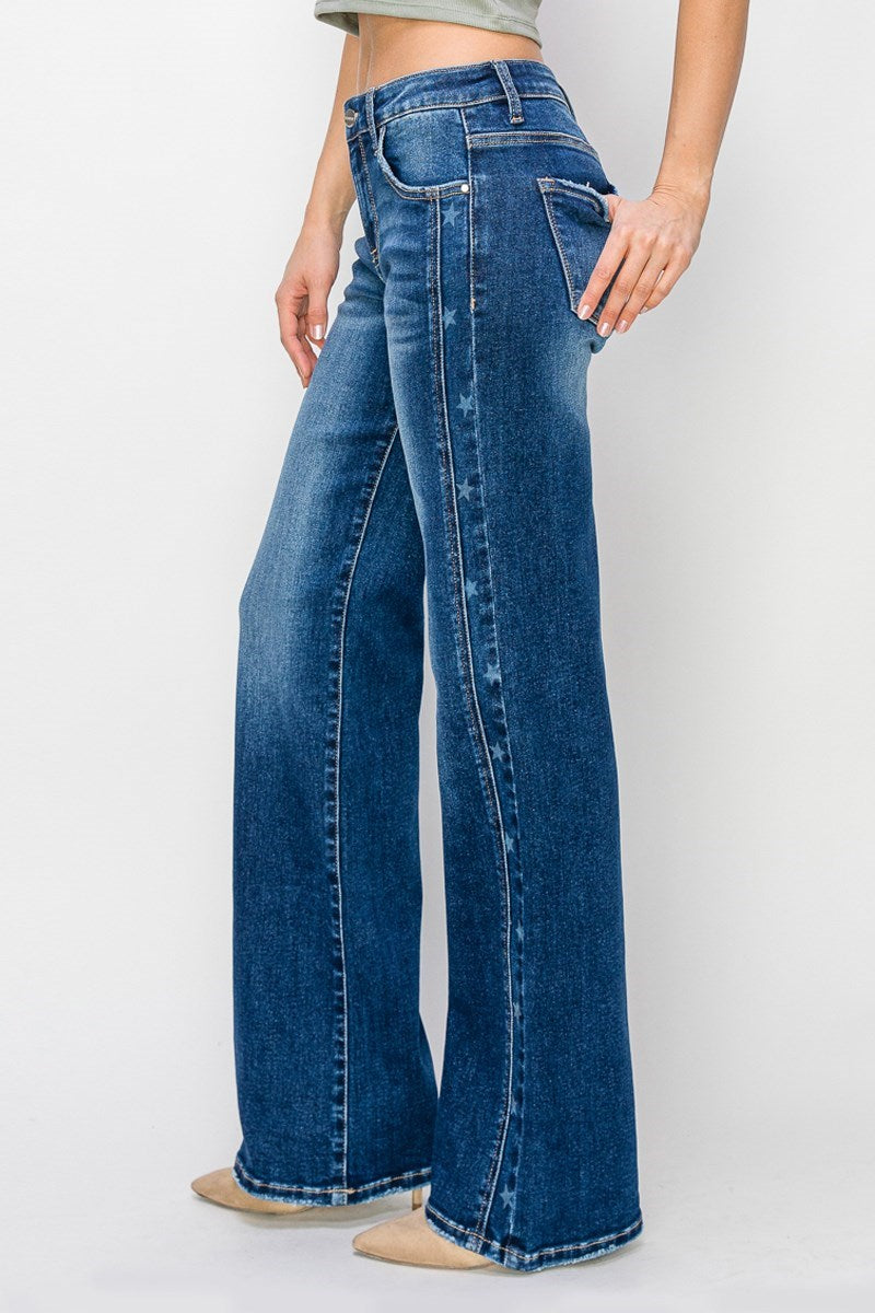 Mid Rise Straight Leg Jeans w/ Side Star Details by Risen