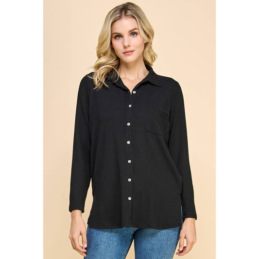 Long Sleeve Ribbed Button up Casual Top