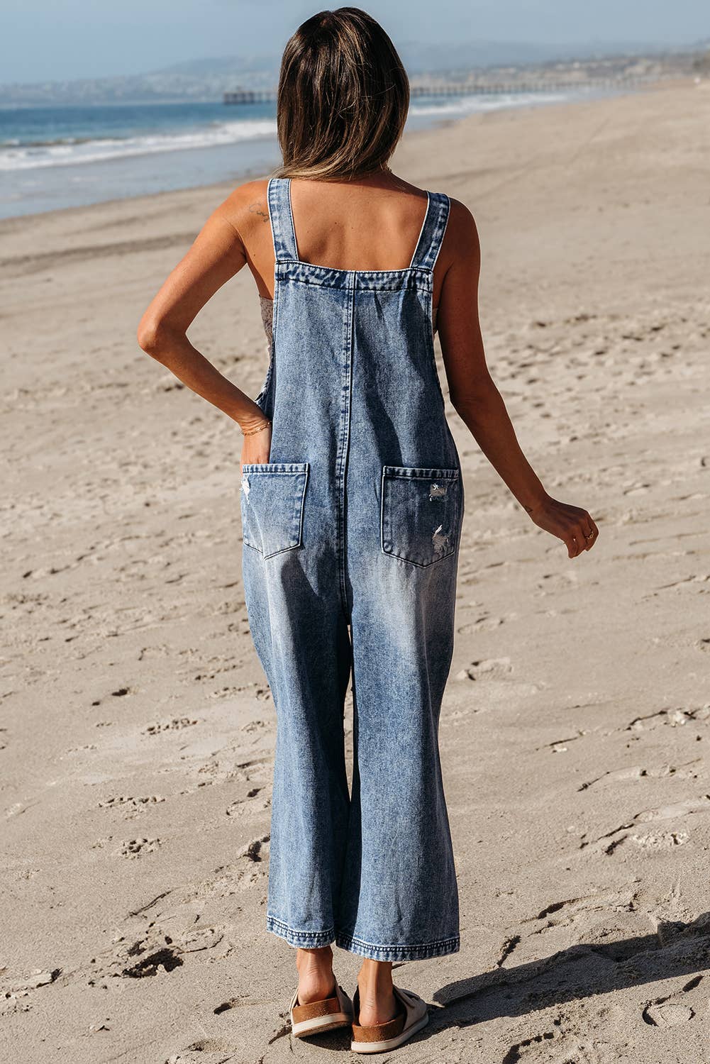 Distressed Pocketed Wide Leg Capri Denim Overall