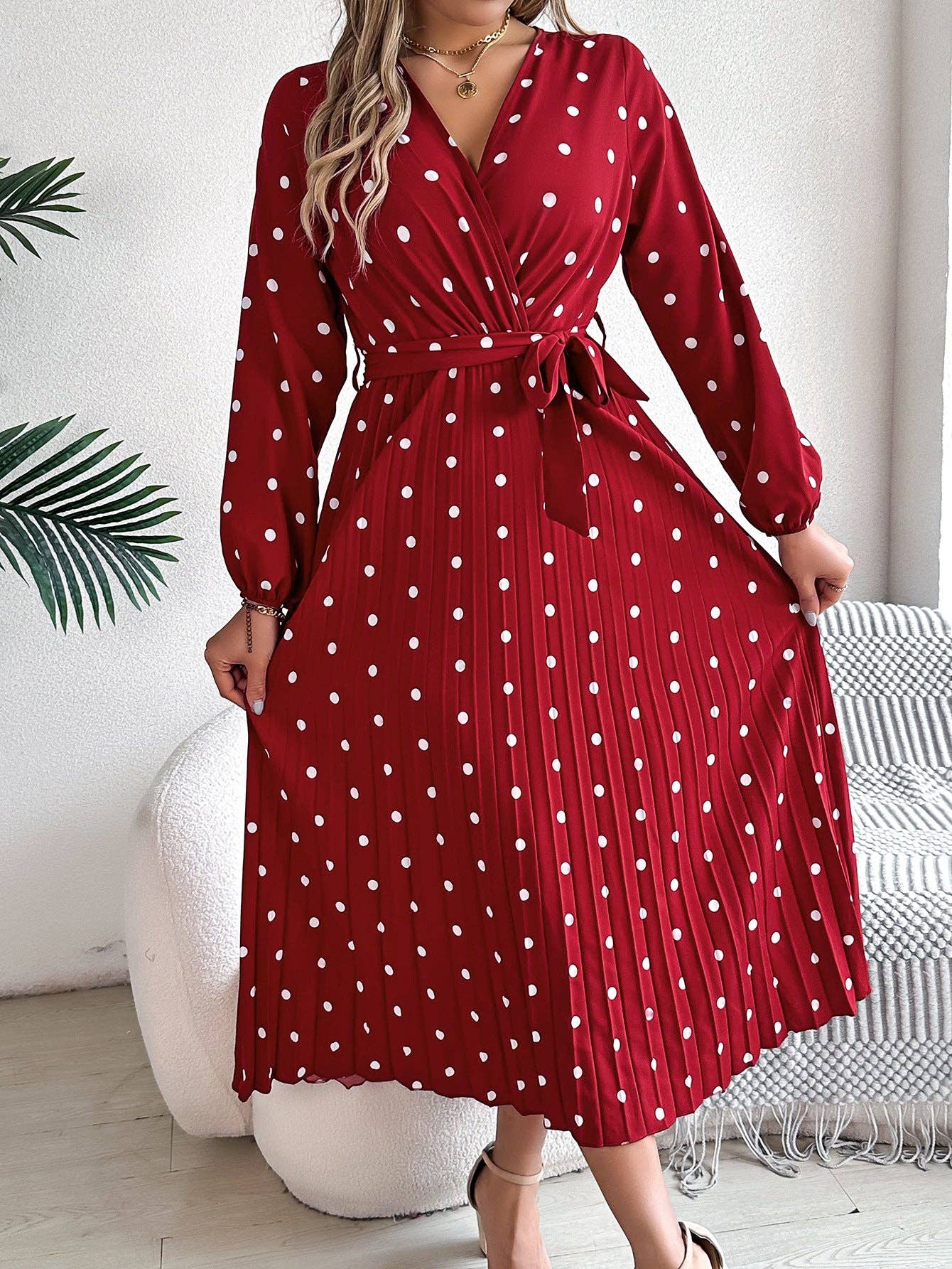 Elegant Polka Dot Cross-Over V-Neck Pleated Midi Dress