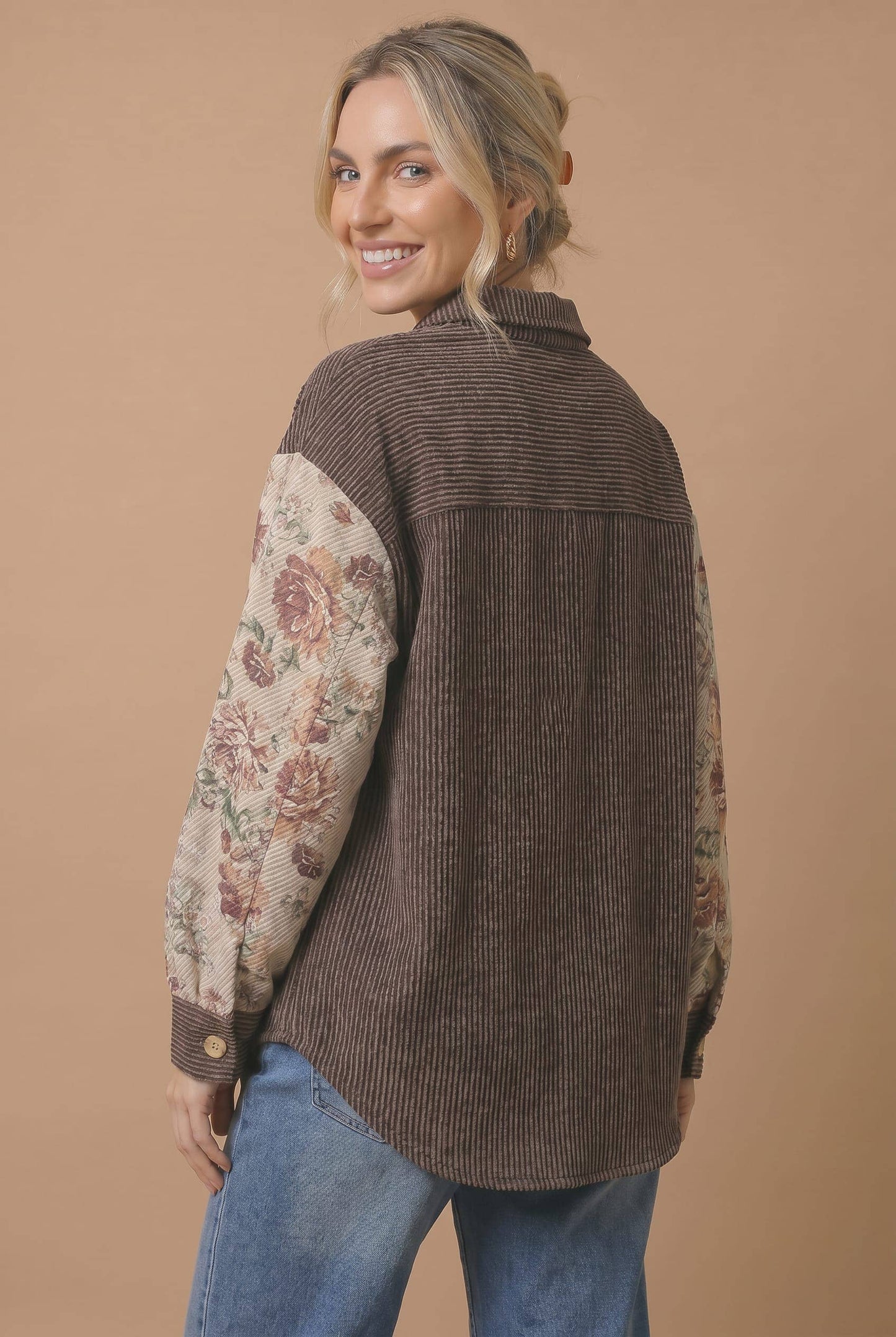 Plus Floral Sleeve Waffle Knit Button-Up